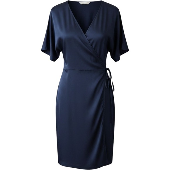 Quince Dresses & Skirts - Quince Womens 90% Silk Wrap Dress Medium Navy Blue Short Sleeve V-Neck Elegant